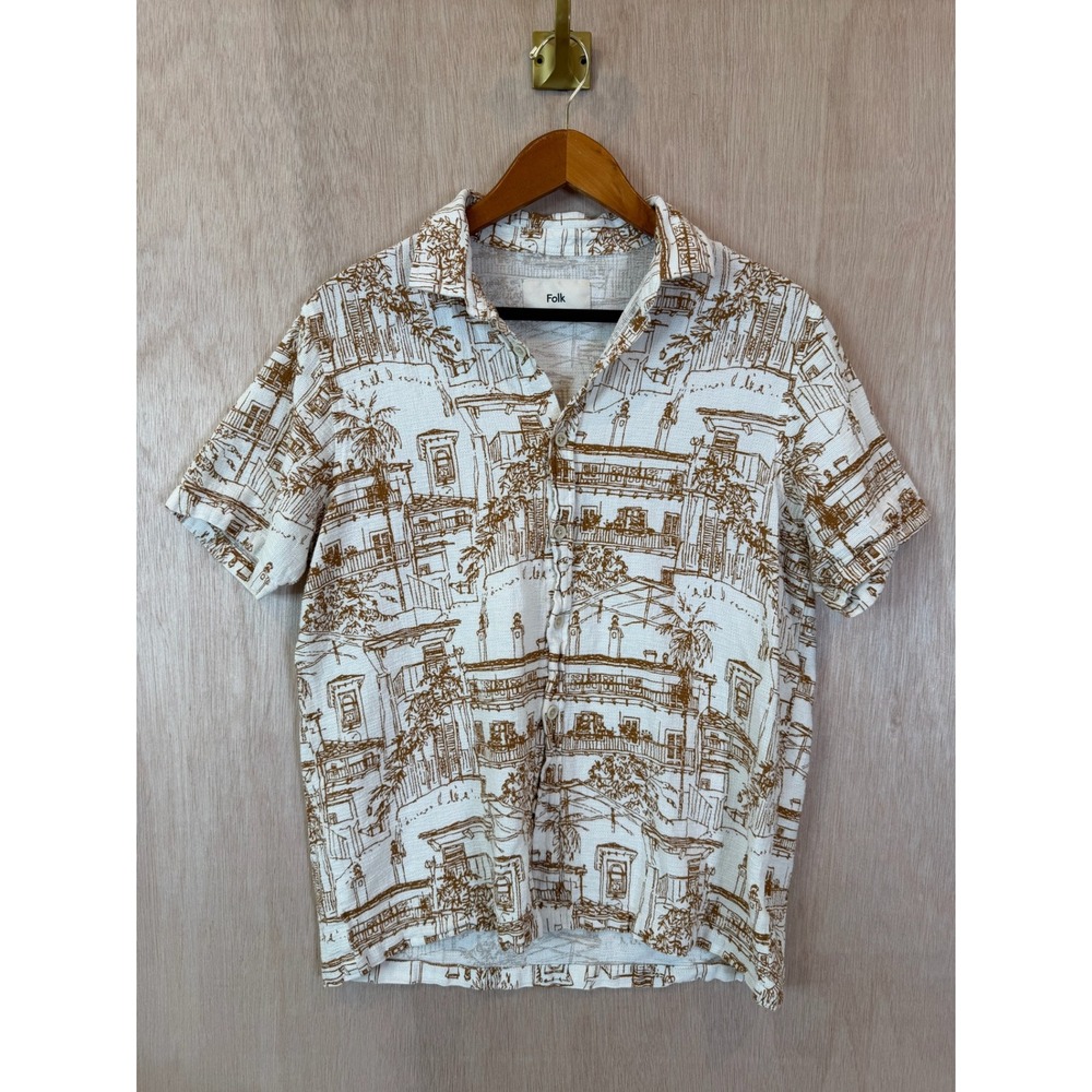 Folk Mens Short Sleeve Button Up Shirt Architectural Sketch Print Woven Canvas